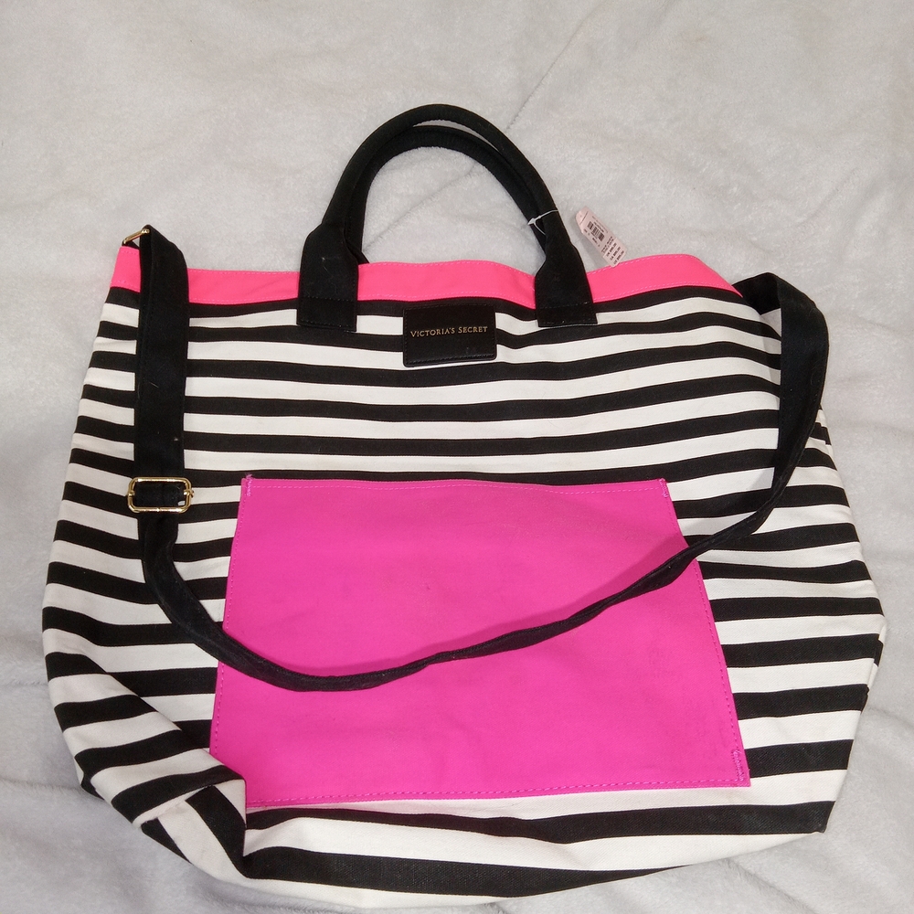 Victoria's Secret Black and Pink Striped Tote Bag NWT Vibrant-copy - Picture 7 of 7
